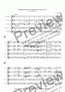 page one of Brahms: Hungarian Dance (Ungarischer Tanz) No.5 arr. clarinet quintet