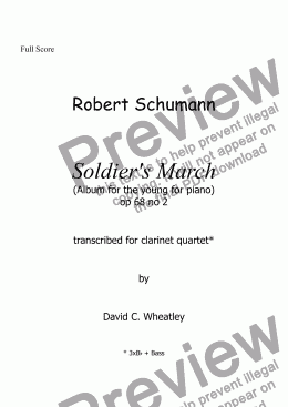 page one of Schumann 'Soldier’s march' (Album for the young) transcribed for clarinet quartet by David C Wheatley