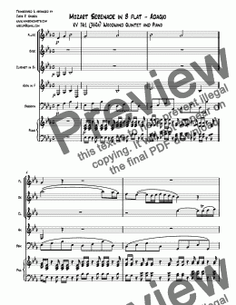 page one of Mozart Serenade in B flat - Adagio KV 361 (360a) Woodwind Quintet and Piano