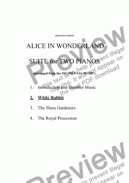 page one of PIANO MUSIC - ALICE IN WONDERLAND - SUITE for TWO PIANOS (4 Mvts) No. 2 WHITE RABBIT’S ENTRY (arranged from the INCIDENTAL MUSIC)