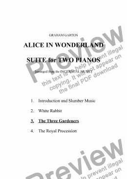 page one of PIANO MUSIC - ALICE IN WONDERLAND - SUITE (4 Mvts.) for TWO PIANOS No. 3 THE THREE GARDENERS - Fugato (arranged from the INCIDENTAL MUSIC)