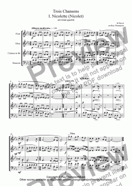 page one of Ravel: Trois Chansons: I. Nicolette (Nicolet) arr.wind quartet