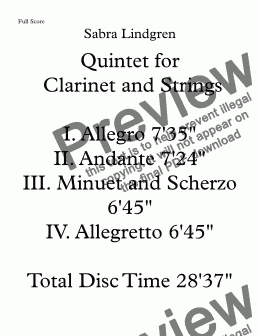 page one of Quintet for Clarinet and Strings I. Allegro