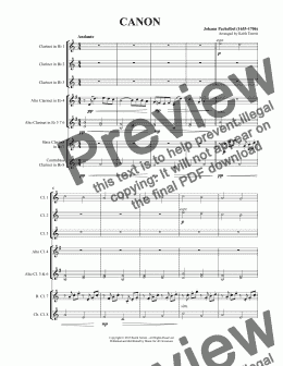 page one of Pachelbel's Canon in D for Clarinet Octet