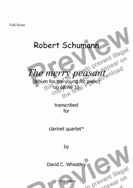 page one of Schumann 'The Merry Peasant' (Album for the young) transcribed  for clarinet quartet by David C Wheatley