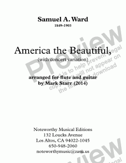 page one of America the Beautiful, with concert variation