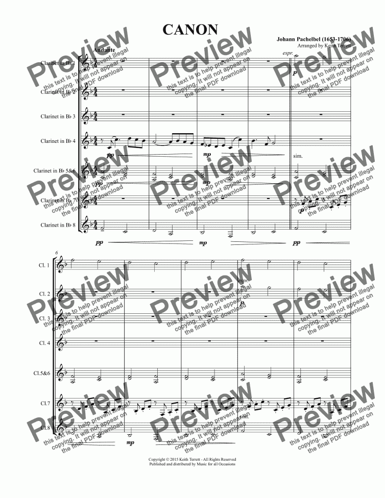 Pachelbel S Canon For 8 Clarinets Download Sheet Music Pdf File