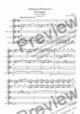 page one of Vivaldi: Four Seasons:Spring (La Primavera ) III.Allegro ("Nymphs and Shepherds")(transposed in Eb) arr.wind quintet