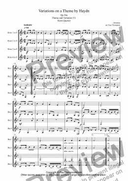 page one of Brahms:Variations on a Theme by Haydn (St.Anthony Chorale):Theme and Var.VI. arr.horn quartet
