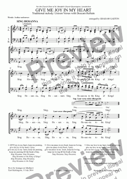 page one of DESCANT - ’GIVE ME JOY IN MY HEART’ - Traditional melody with Last Verse Descant Refrain for SATB Choir - Useful for Weddings. 1-page arrangement.