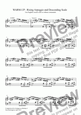 page one of WARM-UP No.9 - Rising Arpeggio and Descending Scale moving up by 14 semitone steps from Bb to C - with Piano harmonies