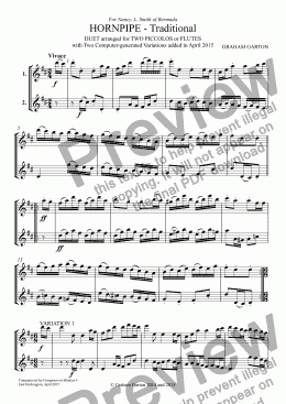 page one of INSTRUMENTAL - ’HORNPIPE’ - Traditional: DUET for TWO PICCOLOS or FLUTES with Two computer-generatedvariaions