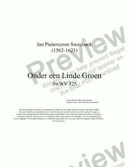 page one of Sweelinck: Onder een Linde Groen (SATB Recorders)