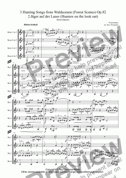 page one of Schumann: 3 Hunting Songs from Waldscenen (Forest Scenes) Op.82 Nos. 2.Jäger auf der Lauer (Hunters on the look out), 6 Herberge (Wayside Inn) and 8.Jagdlied (Hunting Song)  