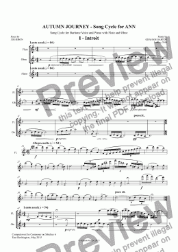 page one of *SONG CYCLE - ’AUTUMN JOURNEY for ANN" - Song Cycle for Baritone Voice, Flute, Oboe and Piano:  I - Introit -  II Autumn Journey - INTERLUDE I (Flute & Oboe) ad lib. - III Hillside - INTERLUDE !! (Flute & Oboe) ad lib. Words: J.R.Heron (6 Songs & 3 Interl