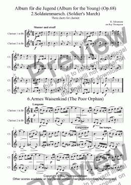 page one of Schumann: Album für die Jugend (Album for the Young) (Op.68) Three pieces for clarinet duet (Set A): Nos. 2.Soldatenmarsch. (Soldier’s March) 6.Armes Waisenkind (The Poor Orphan) 13.Mai, lieber Mai.(May, sweet May)