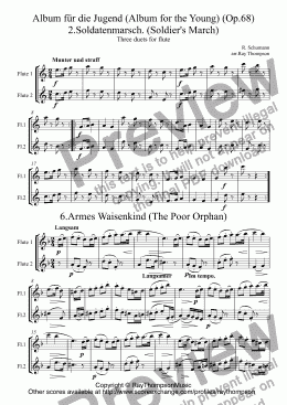 page one of Schumann: Album für die Jugend (Album for the Young) (Op.68) Three pieces for flute duet (Set A): Nos. 2.Soldatenmarsch. (Soldier’s March) 6.Armes Waisenkind (The Poor Orphan) 13.Mai, lieber Mai.(May, sweet May)