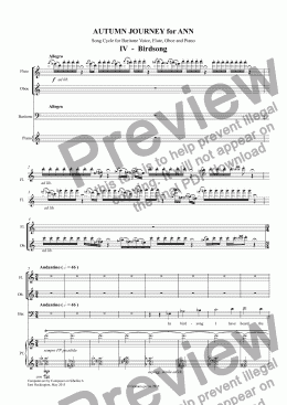 page one of *SONG CYCLE - ’AUTUMN JOURNEY for ANN’ - Song Cycle for Flute, Oboe, Baritone Voice and Piano - IV - Birdsong - INTERLUDE III ad lib. - Words: J. R. Heron    