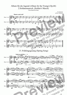 page one of Schumann: Album für die Jugend (Album for the Young) (Op.68) Four pieces for horn duet: Nos 2.Soldatenmarsch. (Soldier’s March), 15. Frühlingsgesang (Spring Song), 20.Ländliches Lied (Rustic Song), 7.Jägerliedchen (Hunting Song) 