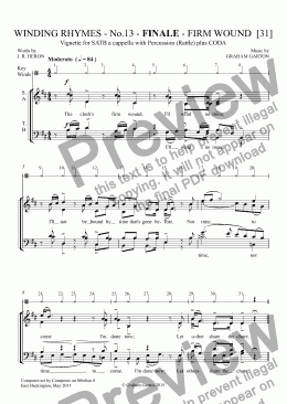 page one of *SONG CYCLE - ’WINDING RHYMES’ - ’FIRM WOUND’ - FINALE - Vignette No.13 with CODA. SATB a cappella with Percussion (Rattle). Words J. R. Heron