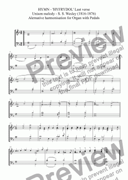 page one of HYMN - ’HYFRYDOL’ Last verse  Unison melody - S. S. Wesley (1816-1876)  Alernative harmonisation for Organ with Pedals