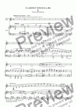 page one of CLARINET SONATA in Bb for Clarinet in Bb for Clarinet and Piano -  Second Mvt. Theme and Variations (transcription of Clarinet in A original) 