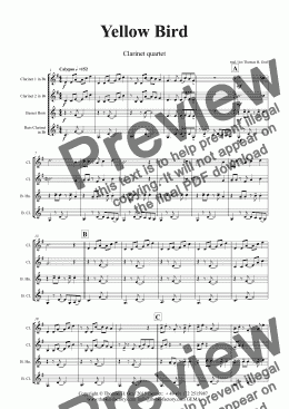 page one of Yellow Bird - Haitian Folk Song - Calypso - Clarinet Quartet