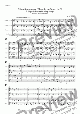 page one of Schumann: Album für die Jugend(Album for the Young)(Op 68) "6 pieces for clarinet quartet": Nos.7. Hunting Song, 6.The Poor Orphan,10.The merry peasant,17. Little morning wanderer 18.The reaper’s song 28.Rememberance 