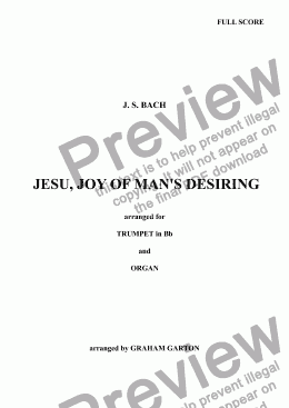 page one of INSTRUMENTAL - BACH - JESU, JOY OF MAN’S DESIRING arranged for SOLO TRUMPET in Bb and ORGAN. Score