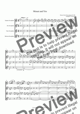 page one of Mozart - Minuet and Trio (from the string quartet K428) for sax quartet SATB