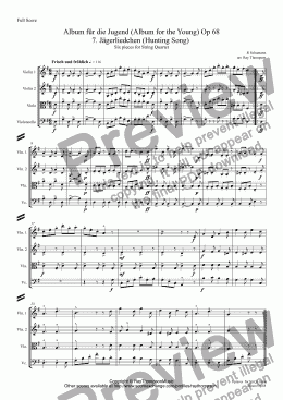 page one of Schumann: Album für die Jugend(Album for the Young)(Op 68) "6 pieces for string quartet": Nos.7. Hunting Song, 6.The Poor Orphan,10.The merry peasant,17. Little morning wanderer 18.The reaper’s song 28.Rememberance