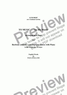 page one of VOCAL DUET - ’TO MUSIC’ — ’An Die Musik’ arranged as a Duet for Baritone (melody) and Soprano Voices Key D major