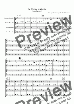 page one of La Donna e Mobile (from Rigoletto) for Recorder Quartet