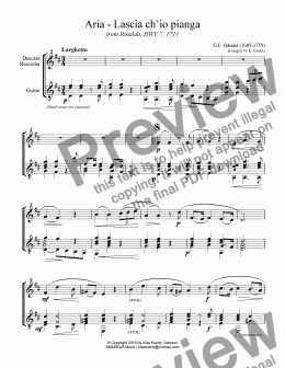 page one of Aria, Lascia ch’io pianga for D. recorder and guitar