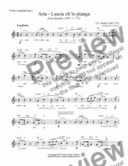 page one of Aria, Lascia ch’io pianga for voice with guitar chords, F Major (leadsheet)