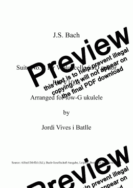 page one of J.S. Bach - Suite No. 2 for Violoncello BWV1008 (arr. for low-G ukulele), Op. 35o