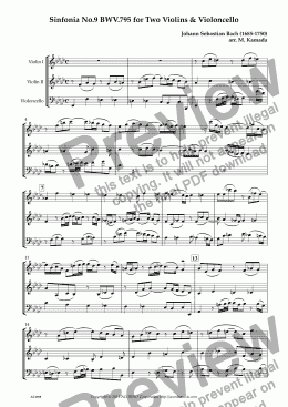 page one of Sinfonia No.9 BWV.795 for Two Violins & Violoncello