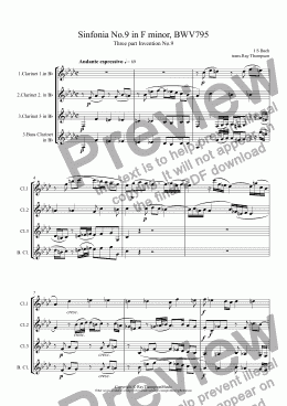 page one of Bach: Sinfonia (Three part Invention) No.9 in F minor, BWV795 arr. clarinet trio (2cl/bass clt with opt 3rd clt)