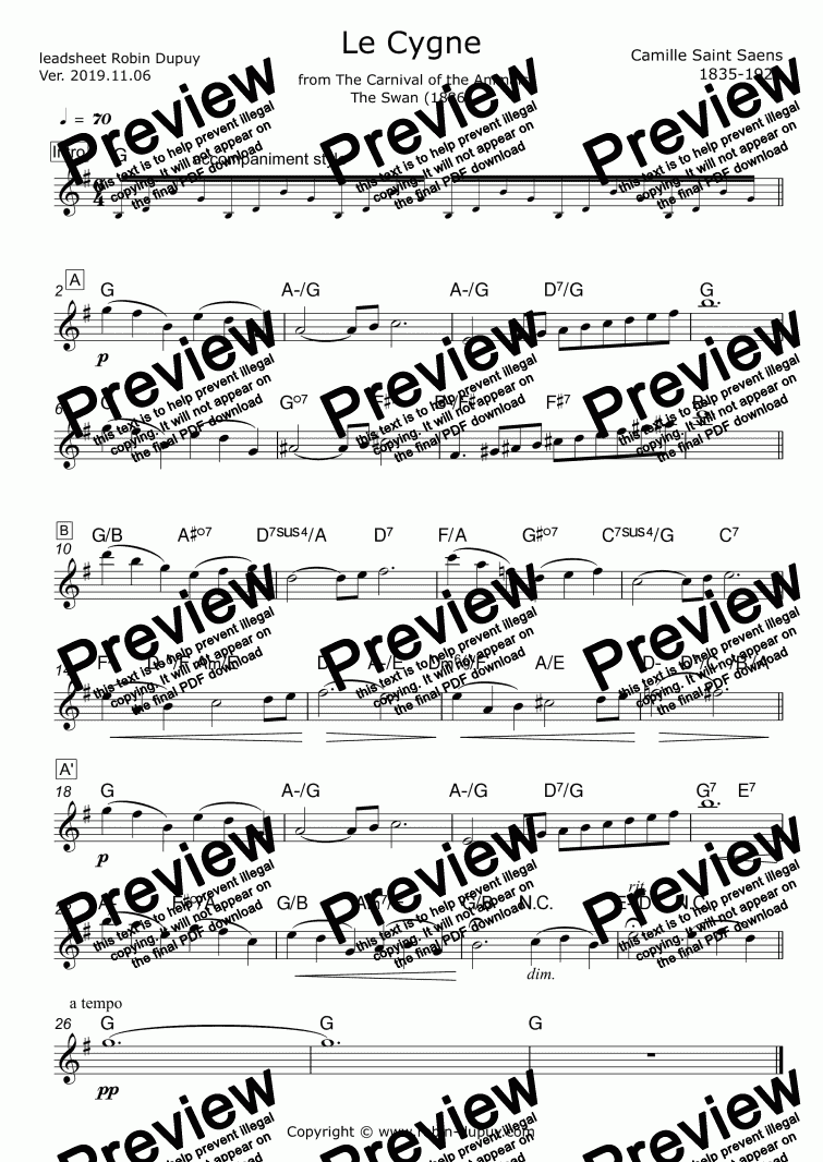 Saint Saens Le Cygne The Swan 白鳥 サン サーンス Lebed Sen Sans Pdf Lead Sheet Melody Chords