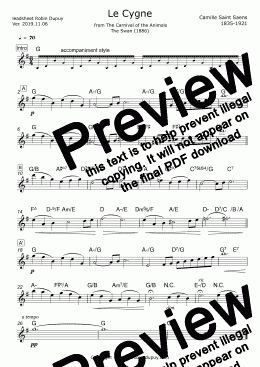 page one of Saint Saens - Le Cygne - The Swan - 白鳥 サン＝サーンス - Лебедь (Сен-Санс) - PDF - lead sheet Melody + chords