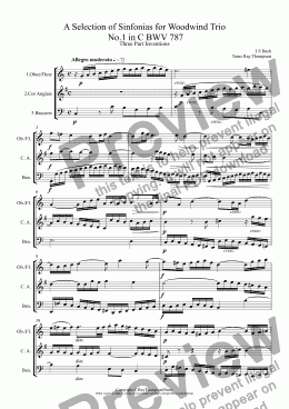 page one of Bach: A Selection of Sinfonias (Three part Inventions Nos.1,2,4,6,8,9 & 11) for Woodwind Trio (fl/ob, cor anglais & bassoon (opt cl/bs cl)