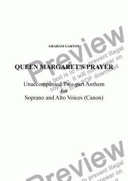 page one of ANTHEM- QUEEN MARGARET’S PRAYER Two-part for Sopdrano and Alto Voices a cappella (Canon)