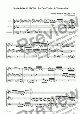 page one of Sinfonia No.15 BWV.801 for Two Violins & Violoncello