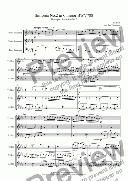 page one of Bach: Sinfonia (Three part Invention) No.2 in C minor BWV788 arr. recorder trio (TTB)