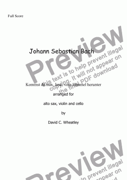 page one of Bach - Trio: Kommst du nun, Jesu - transcribed for alto sax, violin and cello by David Wheatley