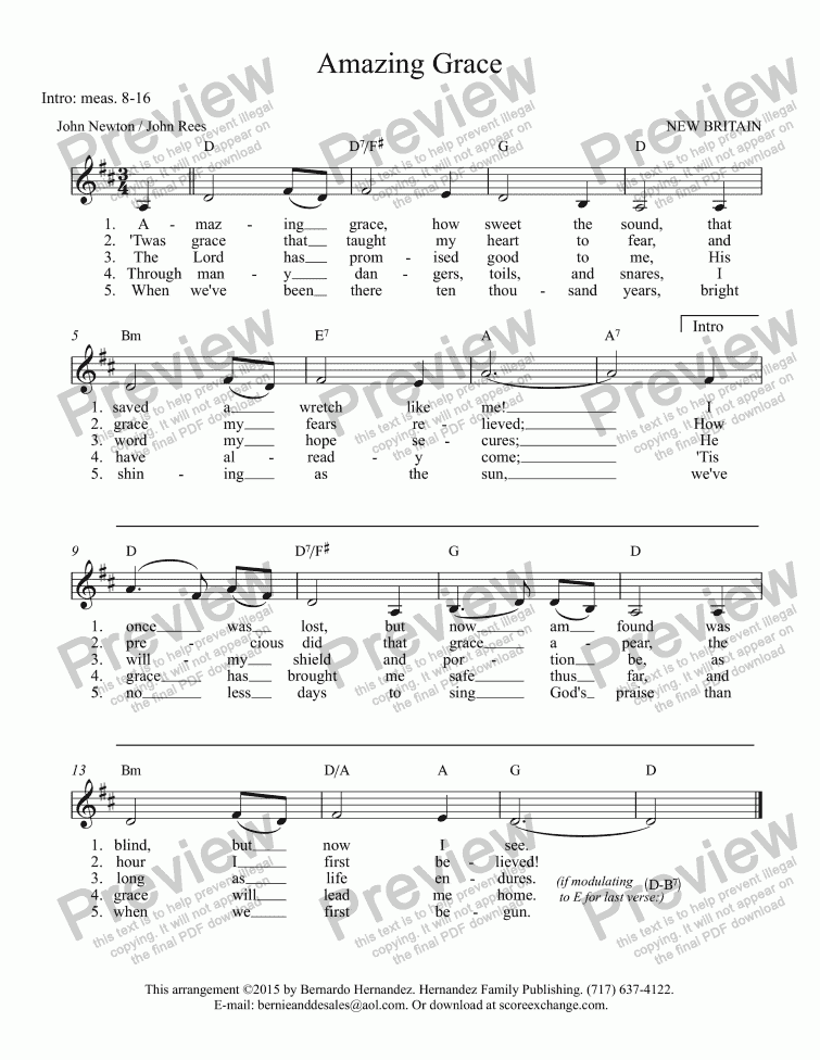 Amazing Grace - Singable Key in D for Guitar/Piano/Vocal - Sheet Music