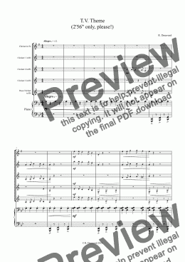 page one of Denwood - T.V. Theme for 5 clarinets, (1xEb, 3 Bb, 1 Bass) and Piano