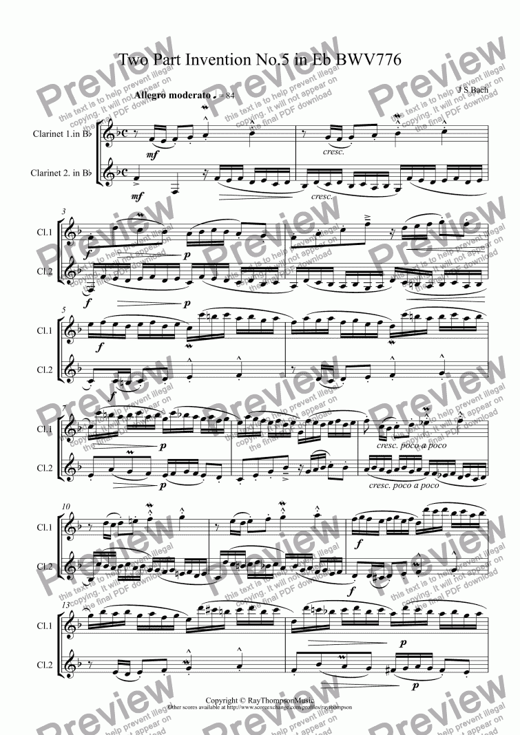 Bach Two Part Invention No 5 In Eb Bwv776 Arr Clarinet Duet Opt Bass Clarinet