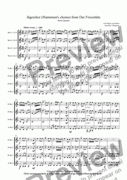 page one of Weber: Jägerchor (Huntsmen’s chorus) from Der Freischütz for horn quartet (additional optional tuba)