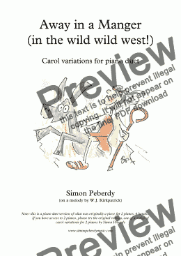 page one of Away in a Manger (in the Wild Wild West!) Christmas carol variations for piano duet by Simon Peberdy
